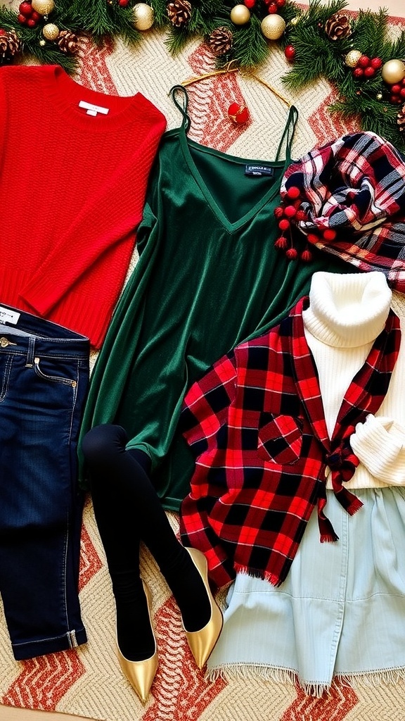 A collection of Christmas outfits including sweaters, dresses, and casual wear displayed with festive accessories.